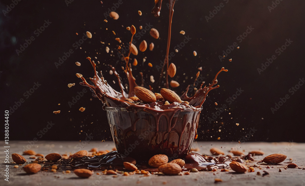 Poster bowl of chocolate with almonds on top. there are also some almonds on the table