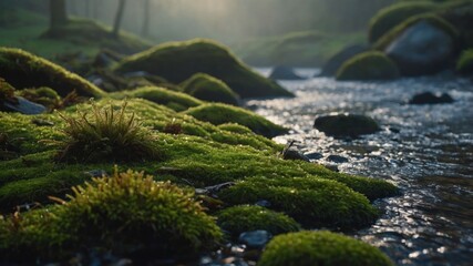 Naklejka premium A serene river scene with moss-covered rocks and gentle flowing water in a tranquil forest.