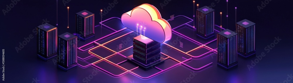 Poster a vibrant digital illustration depicting cloud computing with servers connected through colorful dat