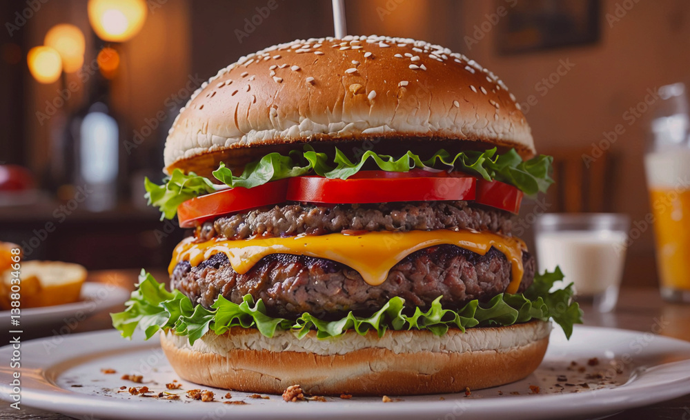 Poster large hamburger with lettuce and tomato on top. the bun is brown and has sesame seeds on it