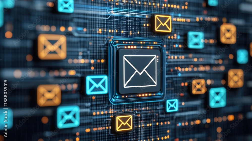Aufkleber a digital network visualization featuring email symbols in various colors, representing communicatio