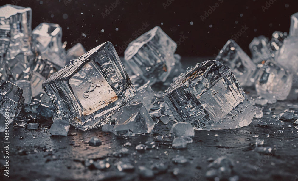 Aufkleber pile of ice cubes with some of them broken. the ice cubes are scattered on the ground