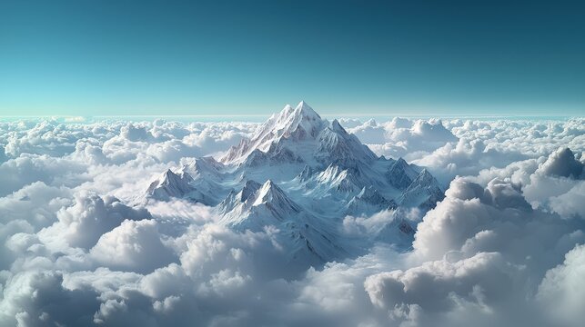 Majestic snow-covered mountain peaks rise above a sea of fluffy clouds under a clear blue sky, creating a breathtaking landscape. - Powered by Adobe
