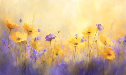 Yellow and purple wildflowers in a sunlit field, painted in a soft, impressionistic style.