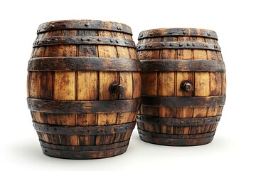 Obraz premium Old wooden barrel isolated on white, a vintage oak cask for wine or beer storage