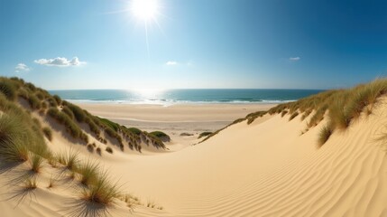 Panoramic view of Dune du Pilat in France under mild sunny summer conditions at midday.