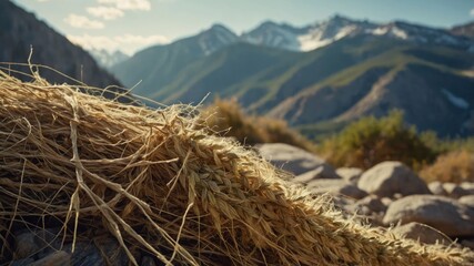 Naklejka premium A close-up of harvested wheat with mountains in the background, showcasing nature's bounty.