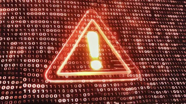 "A red digital background filled with binary code (0s and 1s), displaying a glowing warning triangle with an exclamation mark, symbolizing a cybersecurity alert, data breach, or system threat. 