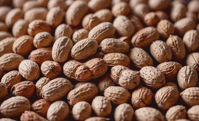 Pile of nuts with a few of them cracked open. The nuts are mostly brown and have a hard shell