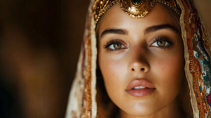 A beautiful and regal Queen Esther from the Bible, standing in the grand palace of Persia.