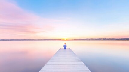 Peaceful sunrise on a serene lake.  A person sits in meditation on a wooden dock, gazing at the tranquil sunrise over a calm lake. Soft pastel colors create a serene and inspirational atmosphere