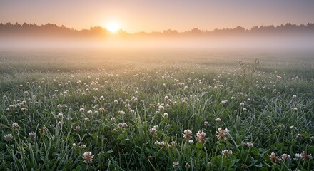 Obraz premium A magical spring meadow at sunrise, covered with dew-kissed clover and tiny white flowers, soft fog in the background