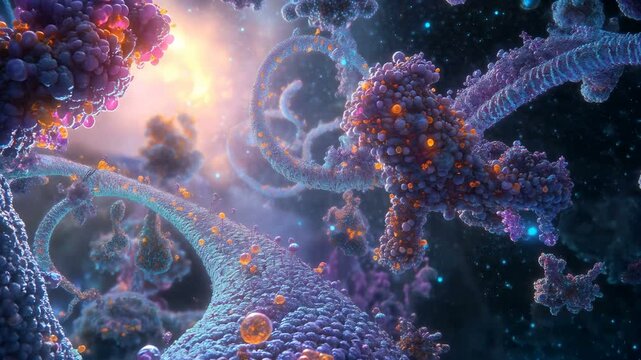 Microscopic Universe Vibrant and dynamic Molecular Interactions occurring in a captivating Celestial Environment
