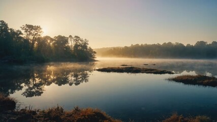 Fototapeta premium Tranquil morning at a misty lake with reflections of trees and soft sunlight.