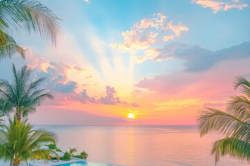 Stunning sunset over calm ocean, viewed from infinity pool, palm trees framing the scene.