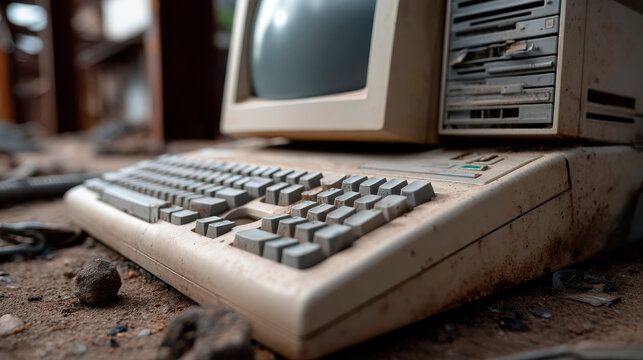 Closeup of an old desktop computer thrown away in a vacant lot. Discarded retro computer.