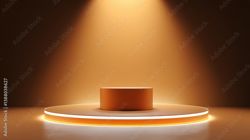 Poster orange product background stand or podium pedestal on empty display with glowing light backdrops. 3d