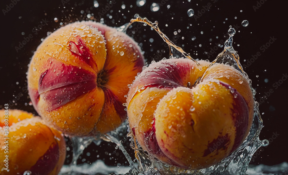 Poster Three oranges are splashing in water. One of the oranges is on the left side of the image