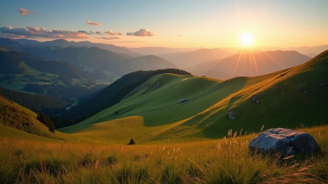 High-quality photo of Plateau du Cuscione in France during dawn with mild, sunny summer conditions, taken from a panoramic viewpoint.