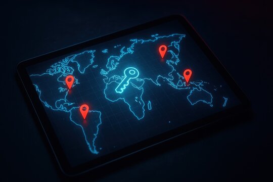 Futuristic tablet shows world map with glowing crypto key and red markers. Global data security and digital asset protection concept - Powered by Adobe