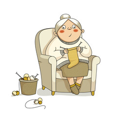 Cute grandma sits in a chair and knits socks. Next to her in a basket are balls of thread. Vector illustration
