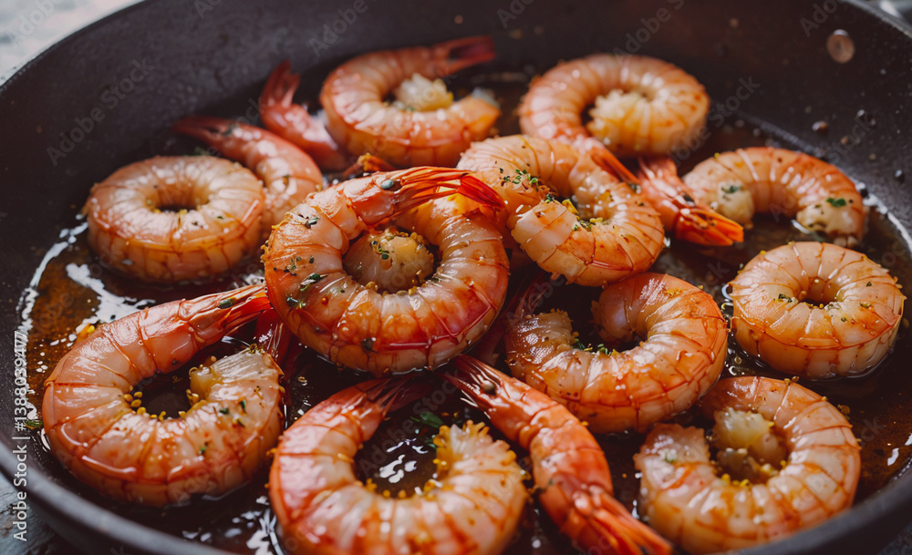 Poster Pan of shrimp is cooked in a skillet. The shrimp are in a circular shape and are brown in color