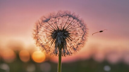 Fototapeta premium A close-up of a dandelion seed head against a colorful sunset background.