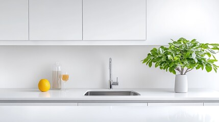 A modern kitchen sink is shown, featuring a sleek chrome faucet. A small plant in a white vase sits on the counter, alongside a citrus fruit and a glass beverage dispenser. The image is bright and c
