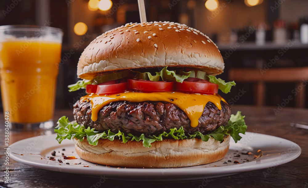 Poster hamburger with lettuce and tomato on top of a bun. a glass of orange juice is on the table