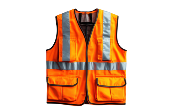 High-visibility orange safety vest with reflective stripes on transparent background