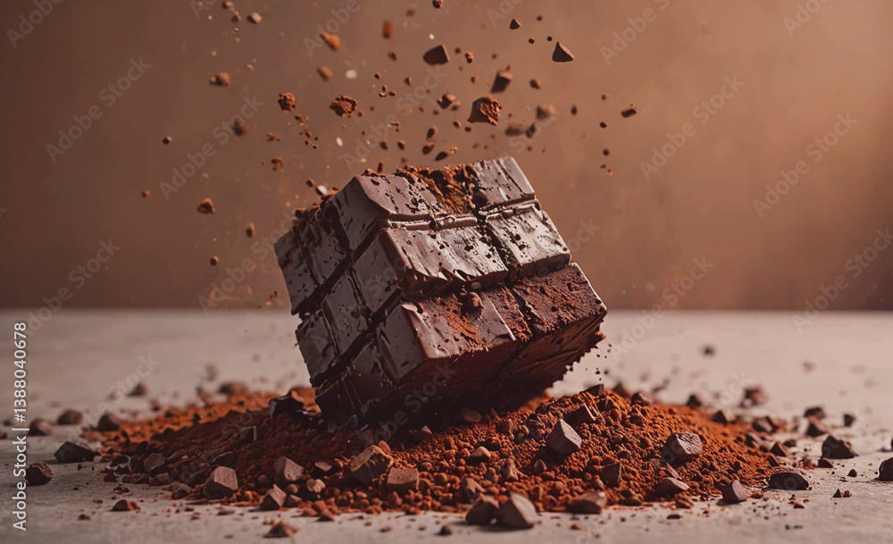 Poster chocolate bar is on a table with a pile of chocolate chips. the chocolate bar is broken into pieces