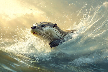 Obraz premium A playful otter tumbling through the river's current, its fur glistening under the sunlight as it splashes through the water, creating frothy waves