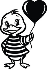 Cute cartoon character duck holding a heart line art vector, Cute cartoon character duck holding a heart silhouette vector illustration