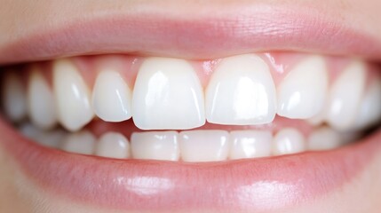 A close-up shows a healthy smile with bright white teeth. Pink gums and lips frame the teeth. The image is high-resolution and well-lit, featuring a clean and simple aesthetic. The colors are natu