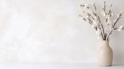 A minimalist beige vase with delicate white flowers standing on a white surface against a soft light background, and elegant and serene composition.
