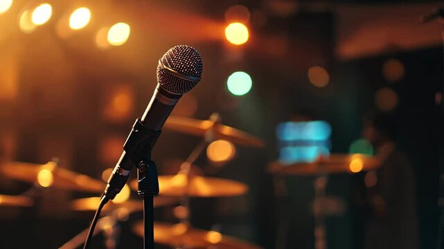 A microphone stands on a dimly lit stage, ready for a live musical performance or public speech at the concert event
