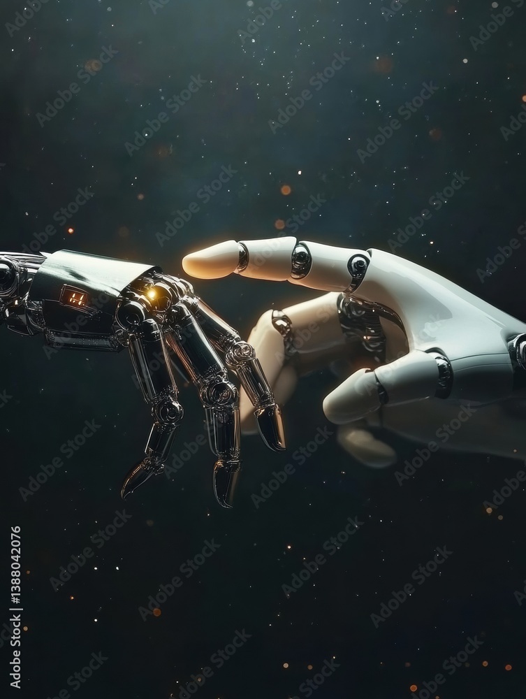 Poster modern collage depicting human hand reaching towards robotic hand in a confrontation between human a