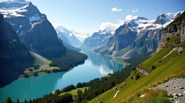 Detailed landscape photo of Jostedalsbreen National Park in Norway during mid-day with sunny weather, shot from a panoramic perspective showcasing glaciers and natural beauty.