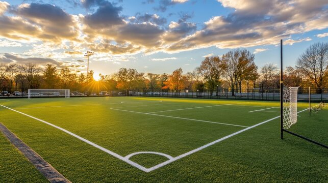 Training soccer field with green turf. Football field with goals and markings or side lines.