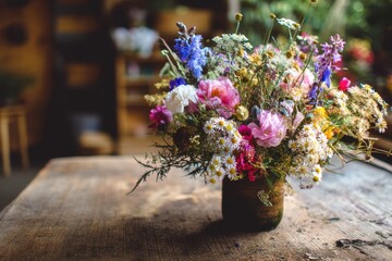 A vibrant bouquet of wildflowers in a rustic vase, joy