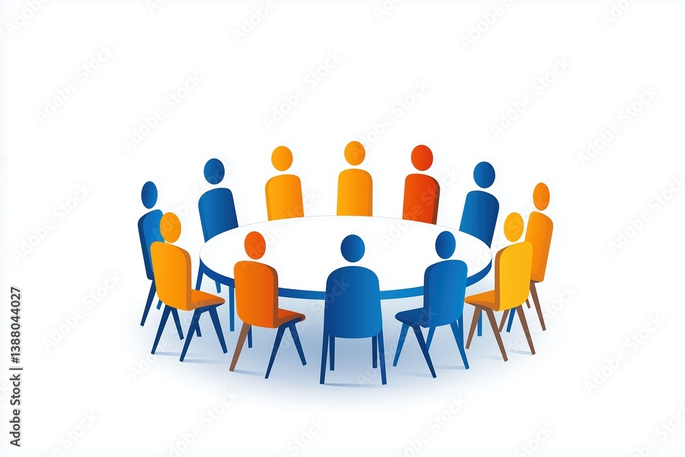 Poster diverse group around round table engaged in virtual team collaboration in remote meeting setup