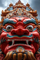 Obraz premium Massive red wrathful deity mask in Tibetan style, shot from below, temple backdrop, overcast ambient lighting