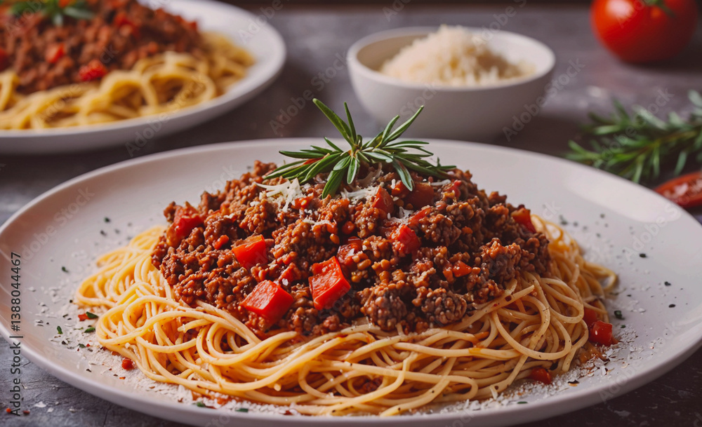 Poster plate of spaghetti with meat sauce and basil. the sauce is red and white. the plate is on a table