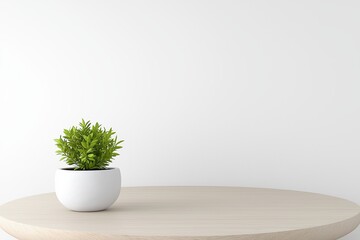 Fototapeta premium Minimal Eco-Friendly Home Interior Featuring a Small Green Plant on a Light Wooden Table