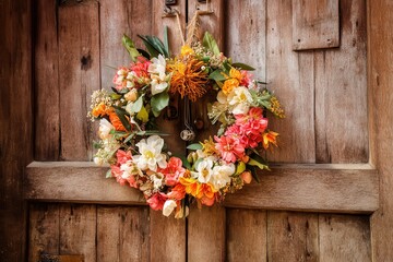 A vibrant floral wreath on a rustic wooden door, warmth
