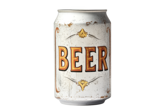 White vintage beer can with the inscription "BEER" on a transparent background