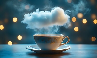 Aromatic Fantasy: Steaming Tea Cup with Dreamy Cloud in Magical Light