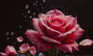 Rose with water droplets on it. The rose is pink and has a few petals