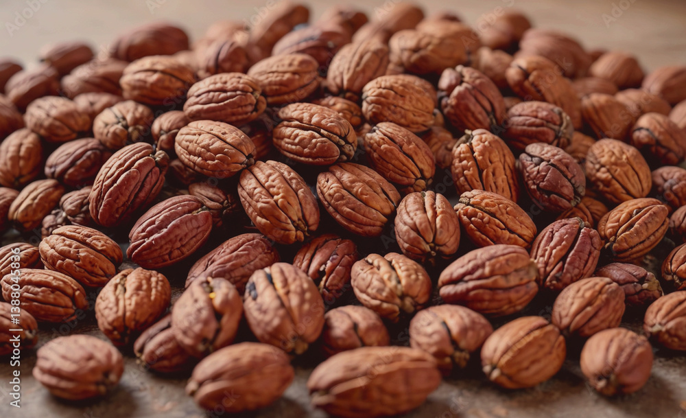 Aufkleber Pile of nuts with a brown color. The nuts are scattered all over the surface. There are many nuts in the pile
