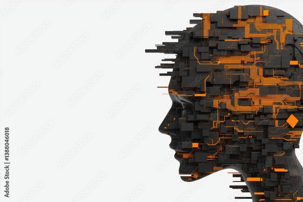 Poster futuristic robot head with circuit patterns symbolizing artificial intelligence and technology conce